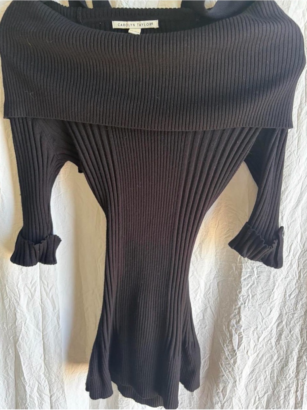 VintageCarolyn Taylor Black Ribbed Off-Shoulder tight Knit Dress quarter sleeve